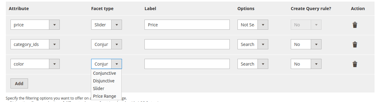 Screenshot of Magento&#39;s admin area with Algolia&#39;s facets configuration showing the different facet types available