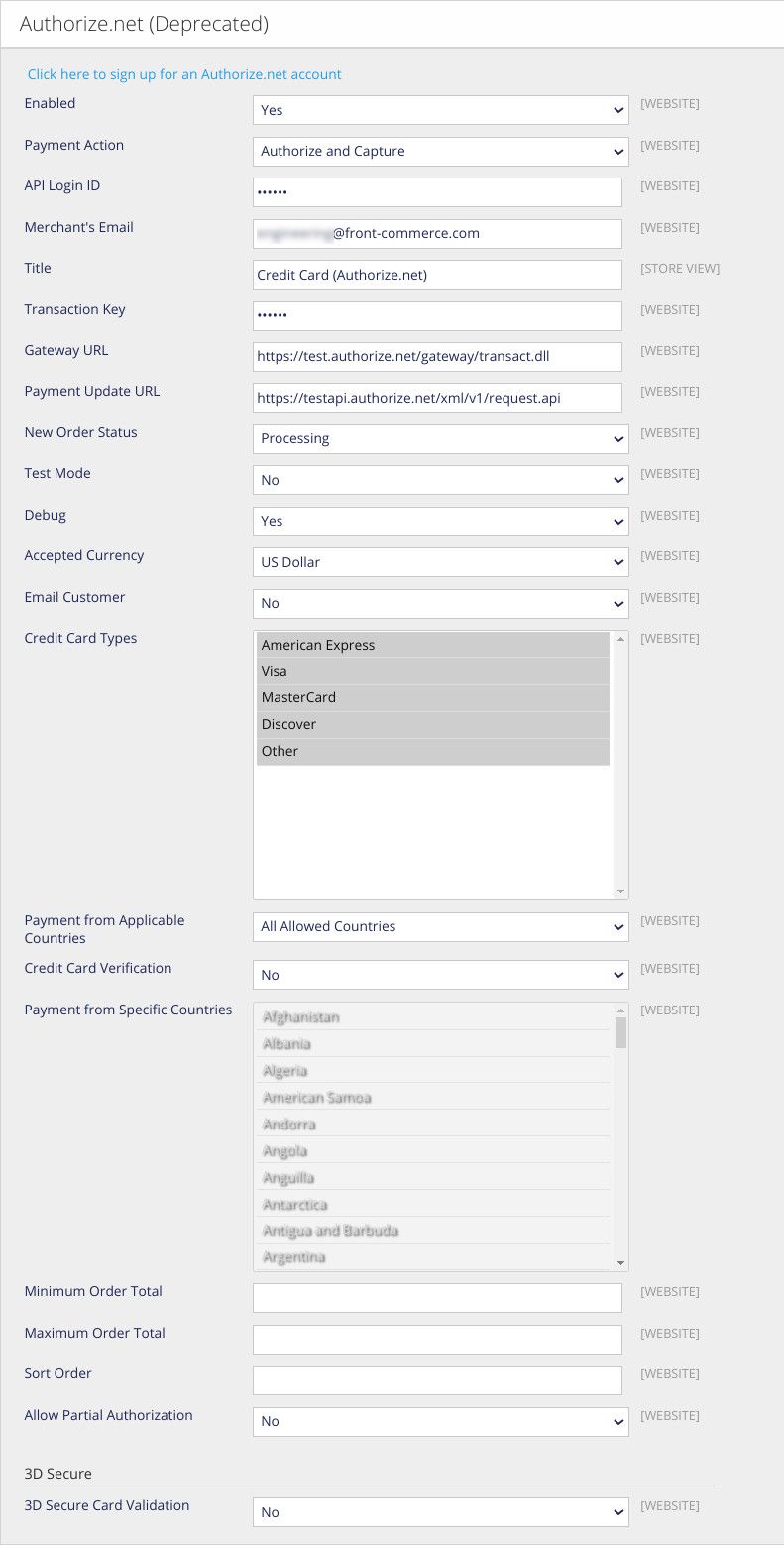 Screenshot of the configuration section in OpenMage LTS