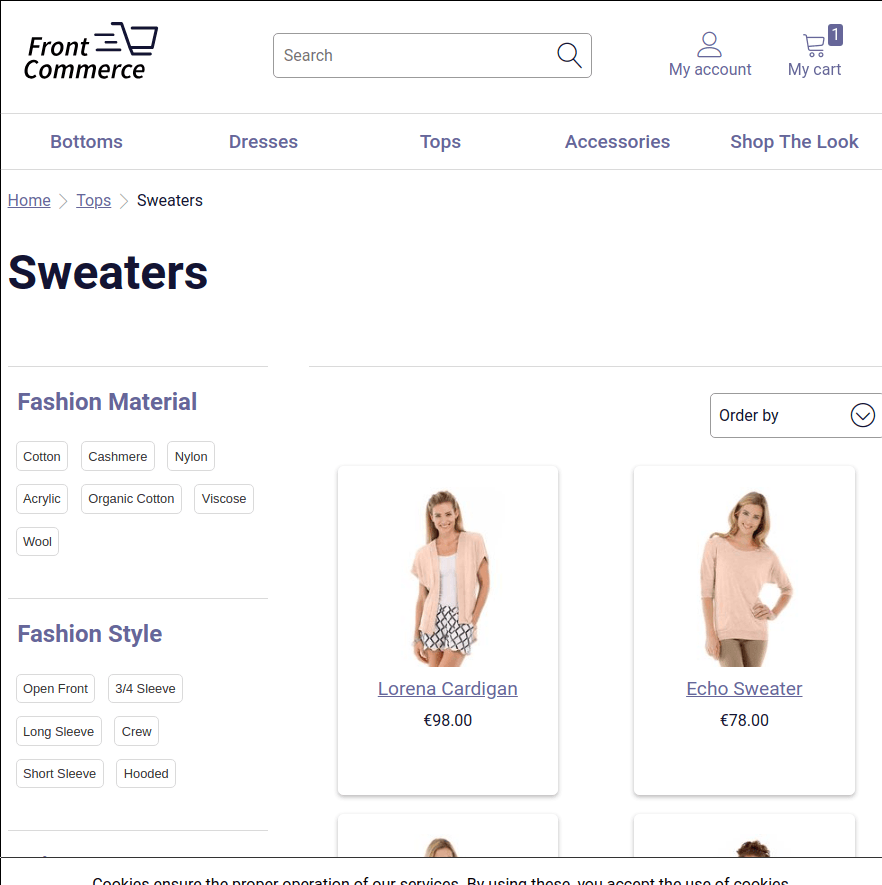 A category page displays the list of the products of the category below the header and the menu.