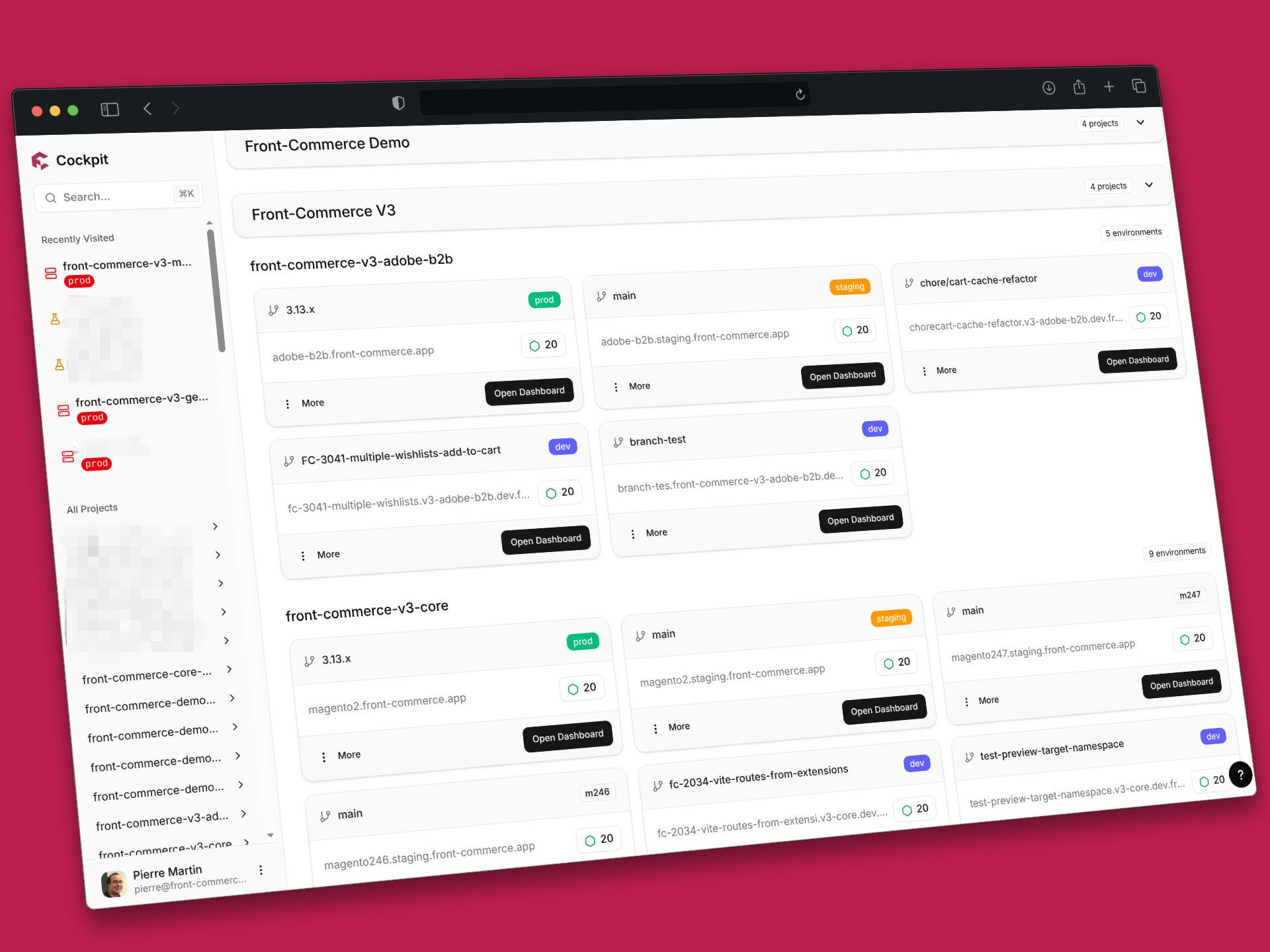 The new cockpit dashboard listing all projects and environments the current user can access