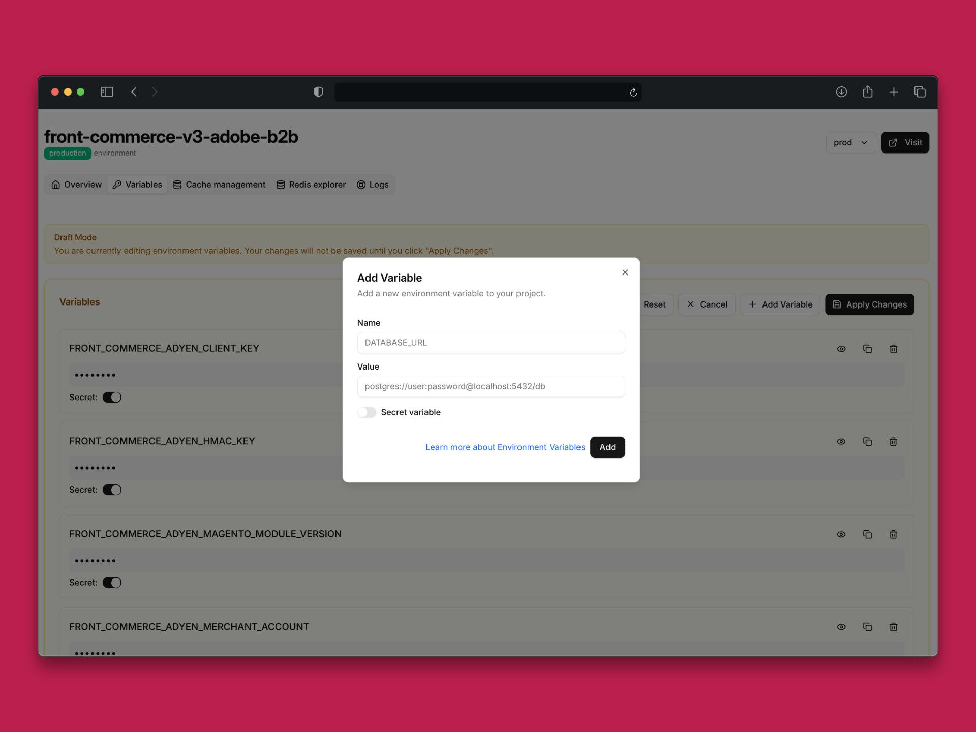 The new environment variables management page