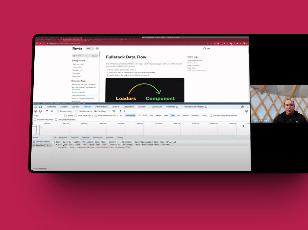 A screenshot of a training sessions by the Front-Commerce team, illustrating SSR and hydratation in a Remix application