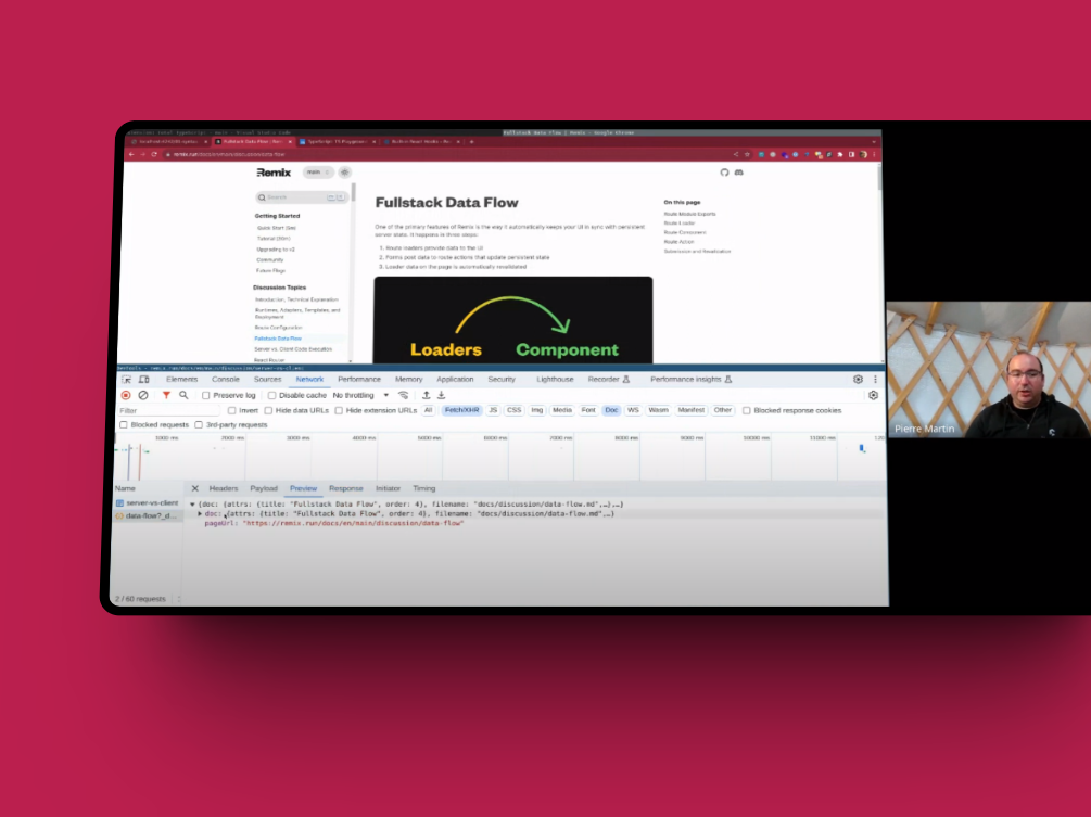 A screenshot of a training sessions by the Front-Commerce team, illustrating SSR and hydratation in a Remix application