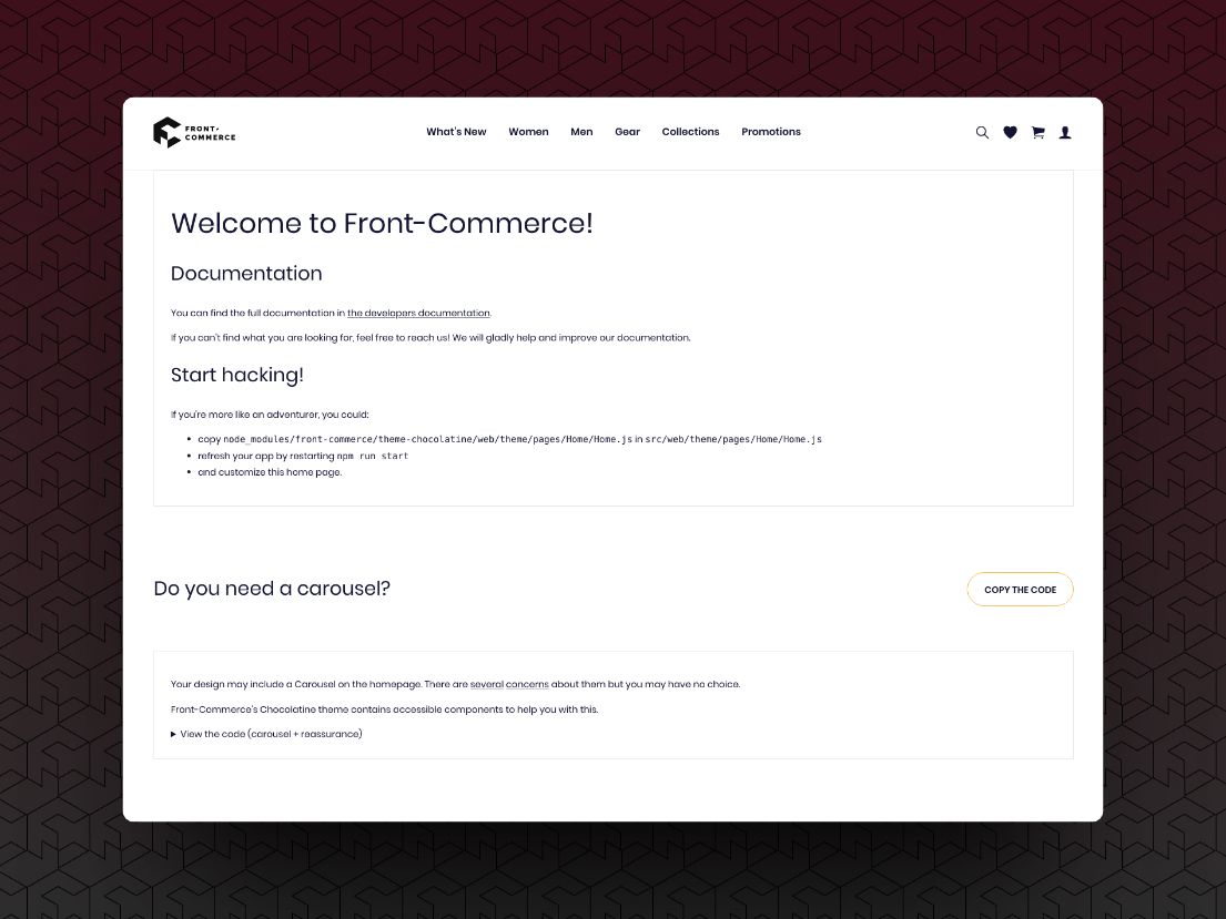 Front-Commerce's default home page screen