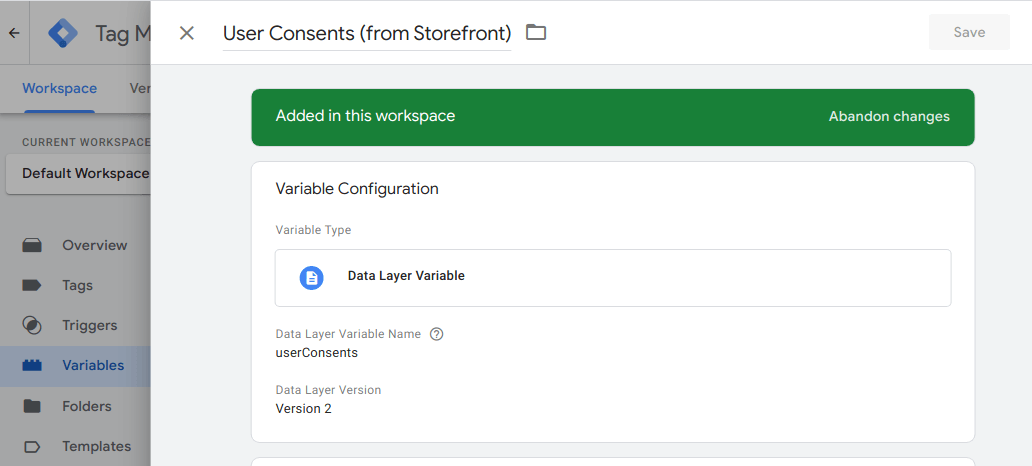 Screenshot of a GTM Variable configured to expose the user consents