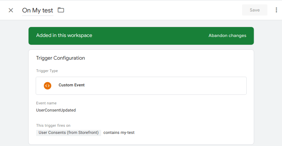 Screenshot of a GTM Trigger configured to detect when users gave their consent to a specific integration