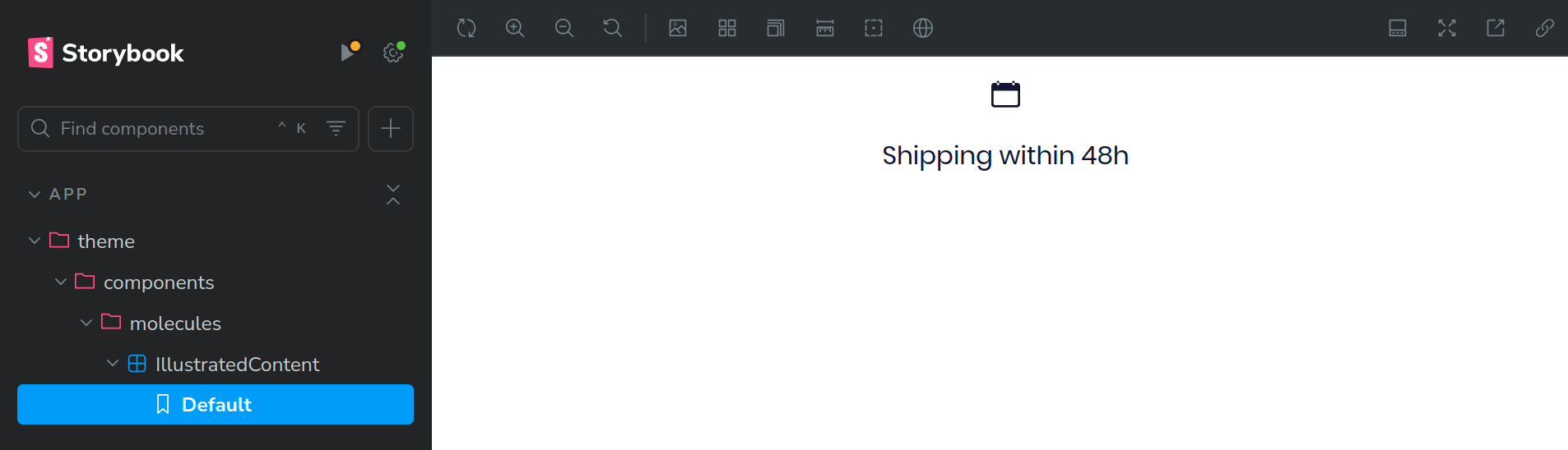 Storybook interface with the IllustratedContent's default story selected