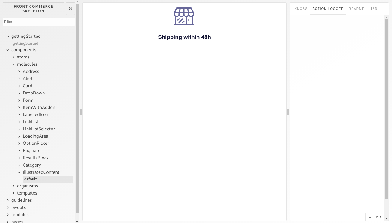 Storybook interface with the IllustratedContent's default story selected