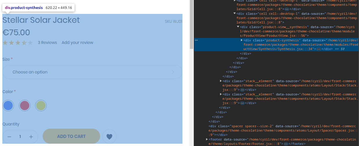 Inspector screenshot demonstrating that when you inspect a product page description, you find the product-sythesis class in the DOM