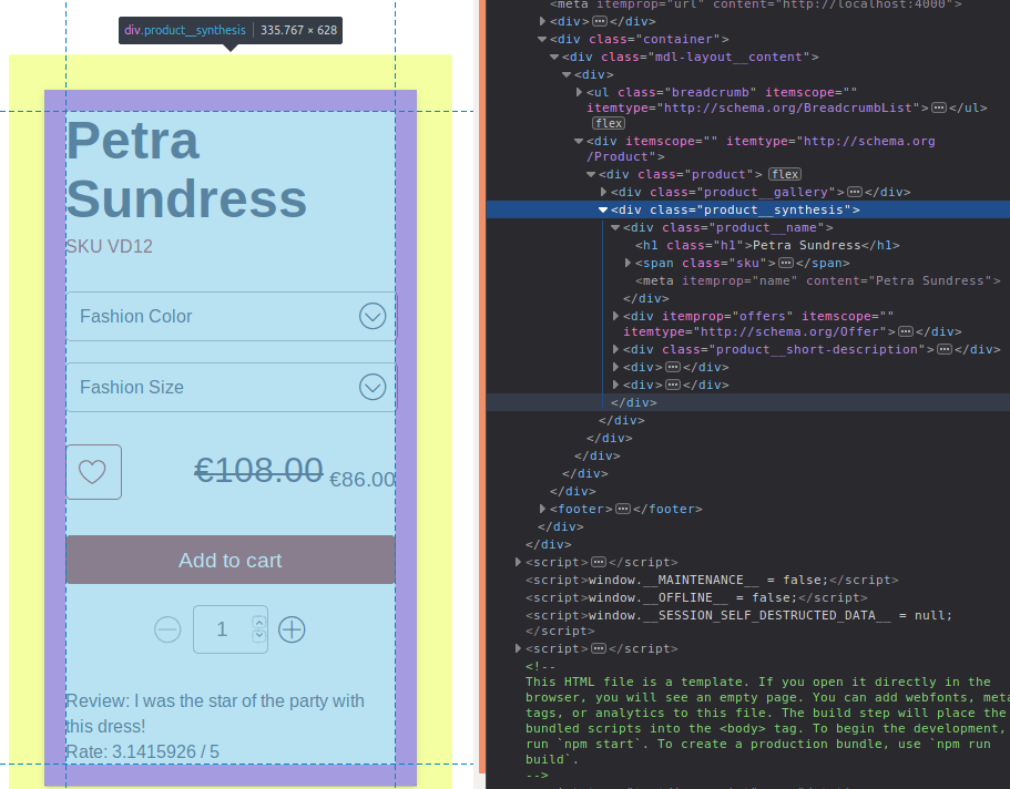 Inspector screenshot demonstrating that when you inspect a product page description, you find the product__sythesis class in the DOM