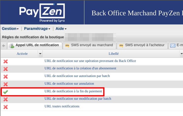 PayZen notification rules configuration with only one notification enabled for "URL de notification à la fin du paiement"