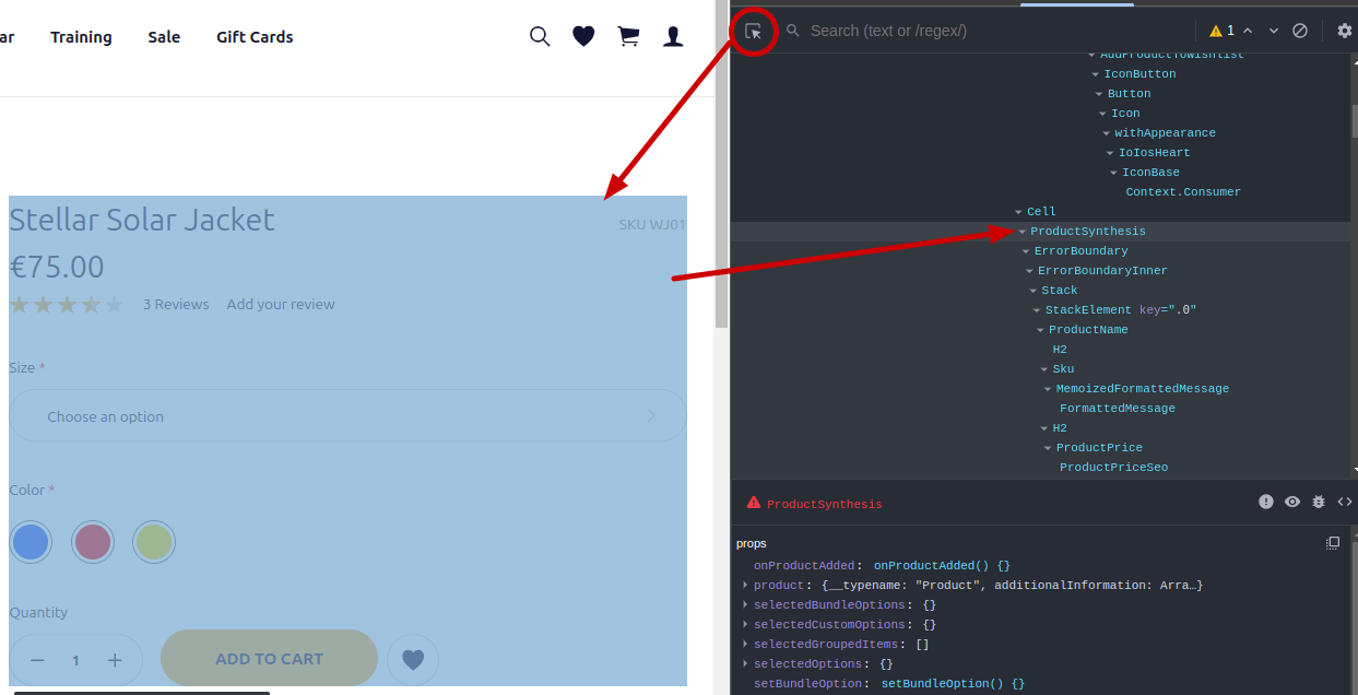 React Dev Tools screenshot demonstrating that when you inspect a product page description, you find the product-sythesis component in component tab