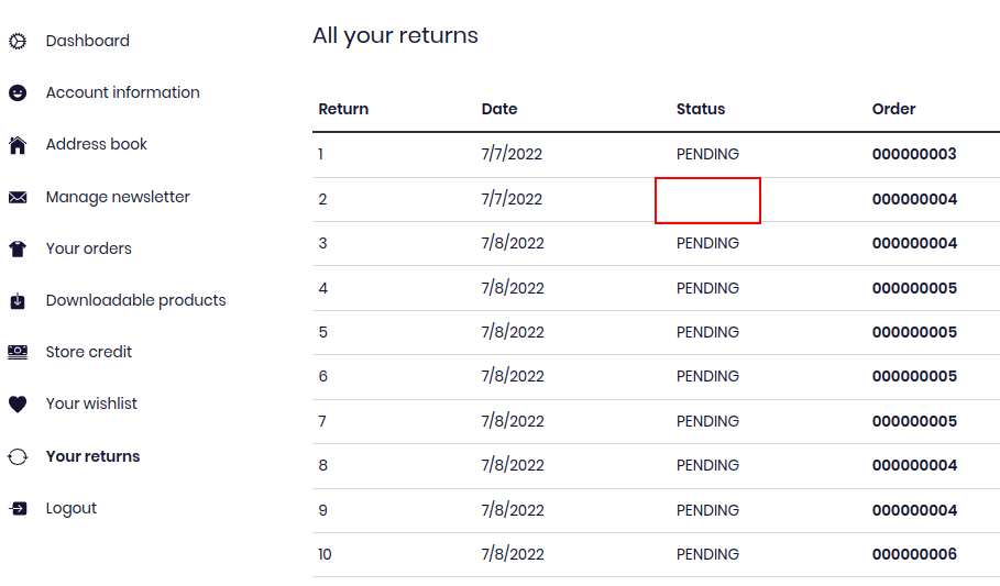 List of Returns with an empty status value for a processed and closed one