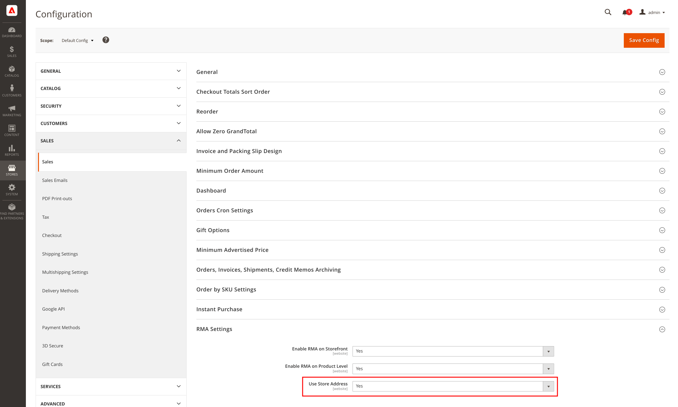 RMA settings section in Mageento's admin area, with the "Use Store Address" configuration enabled