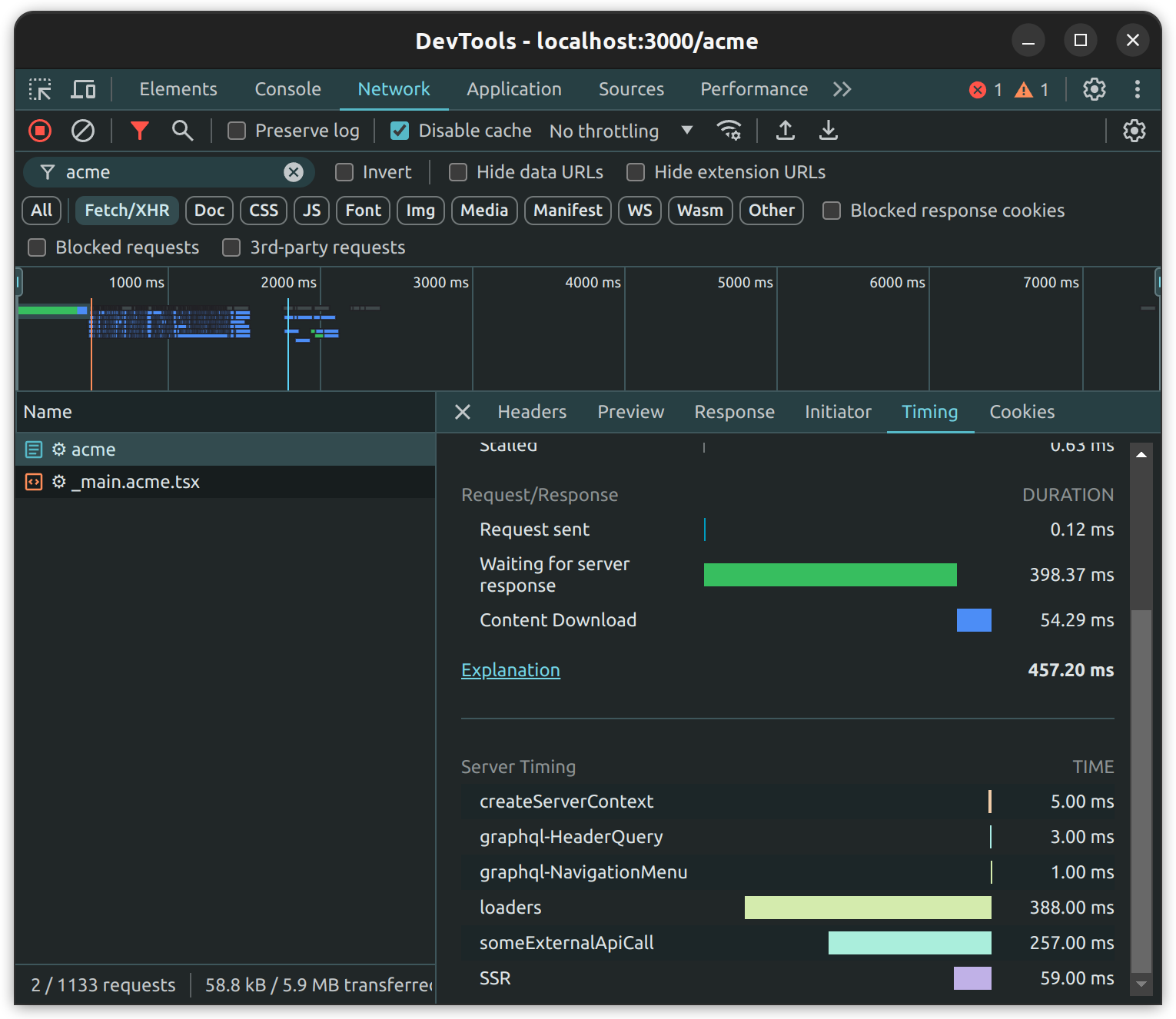 Server timing as seen in developer console