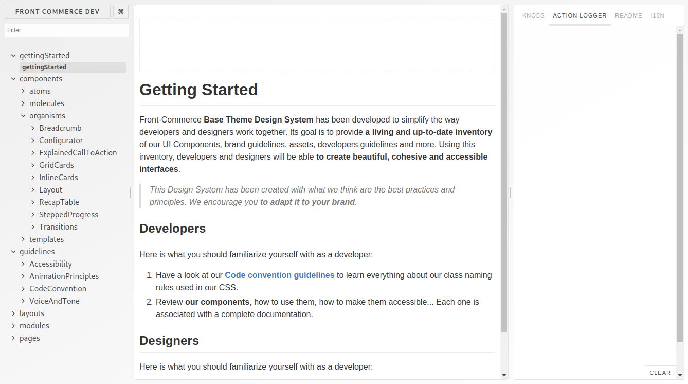 Landing page of Front-Commerce's default Storybook