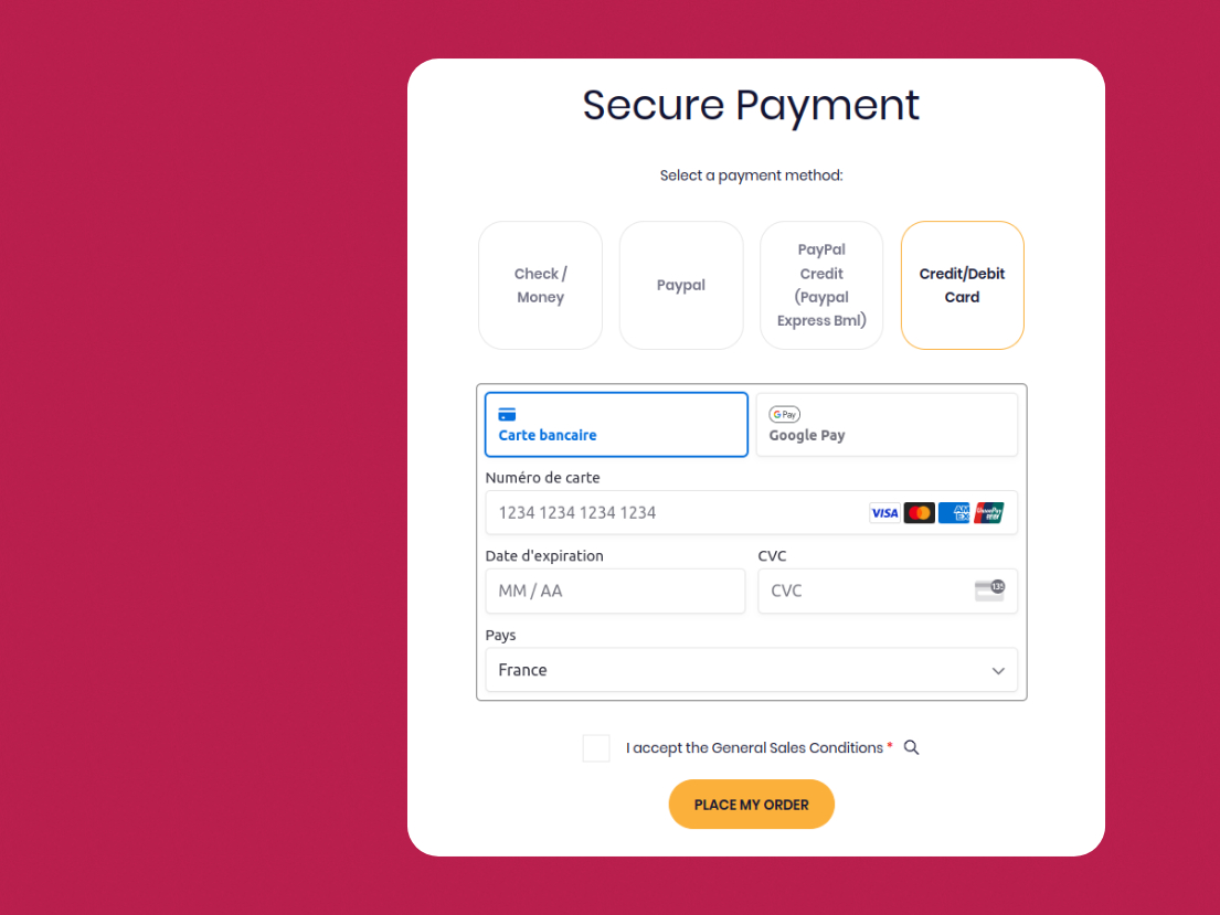 Checkout payment step with Stripe card payment selected